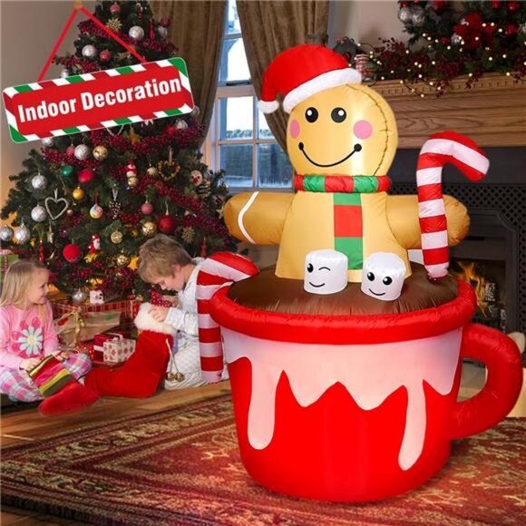 5FT Christmas Inflatable Outdoor Decoration, Gingerbread Man in Coffee Mug Blow - Picture 6 of 8